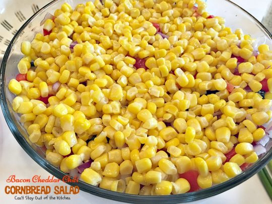 Bacon Cheddar Chili Cornbread Salad | Can't Stay Out of the Kitchen | this awesome #salad is to die for! It has a savory homemade #bacon #cornbread & uses homemade #RanchDressing mix. This fabulous Texas-style salad is great for potlucks and backyard barbecues. #glutenfree
