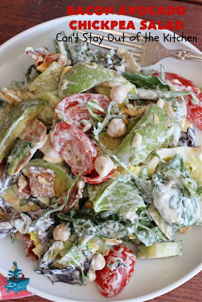 Bacon Avocado Chickpea Salad | Can't Stay Out of the Kitchen | this hearty #MainDish #salad is packed full of #protein including #bacon, #HardBoiledEggs, #chickpeas & two kinds of #cheese including #MontereyJack & #CheddarCheese. It's a great entree for hot summer nights when you don't want to heat up the kitchen. Great #TossedSalad for company or #holiday dinners too. #pork #avocados #tomatoes #GlutenFree #BaconAvocadoChickpeaSalad