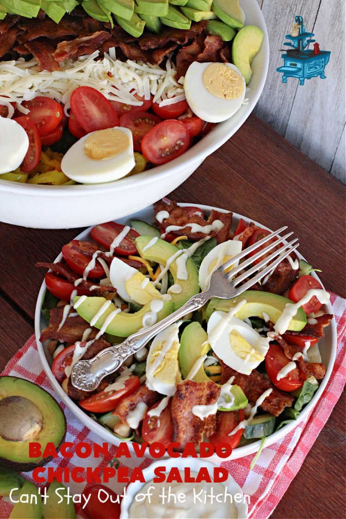 Bacon Avocado Chickpea Salad | Can't Stay Out of the Kitchen | this hearty #MainDish #salad is packed full of #protein including #bacon, #HardBoiledEggs, #chickpeas & two kinds of #cheese including #MontereyJack & #CheddarCheese. It's a great entree for hot summer nights when you don't want to heat up the kitchen. Great #TossedSalad for company or #holiday dinners too. #pork #avocados #tomatoes #GlutenFree #BaconAvocadoChickpeaSalad