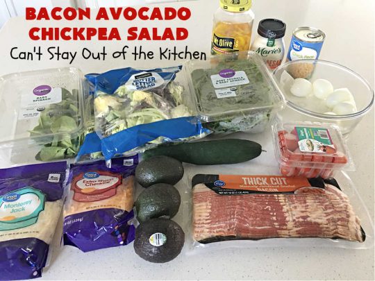 Bacon Avocado Chickpea Salad | Can't Stay Out of the Kitchen | this hearty #MainDish #salad is packed full of #protein including #bacon, #HardBoiledEggs, #chickpeas & two kinds of #cheese including #MontereyJack & #CheddarCheese. It's a great entree for hot summer nights when you don't want to heat up the kitchen. Great #TossedSalad for company or #holiday dinners too. #pork #avocados #tomatoes #GlutenFree #BaconAvocadoChickpeaSalad