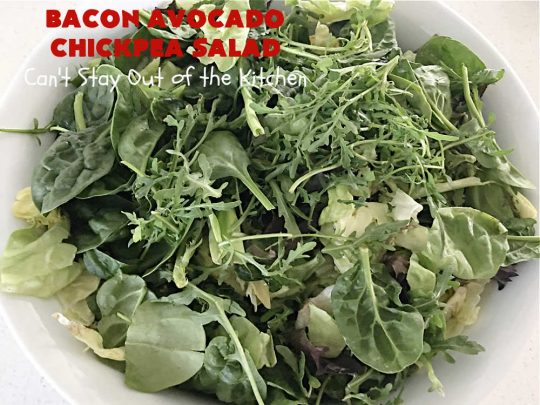 Bacon Avocado Chickpea Salad | Can't Stay Out of the Kitchen | this hearty #MainDish #salad is packed full of #protein including #bacon, #HardBoiledEggs, #chickpeas & two kinds of #cheese including #MontereyJack & #CheddarCheese. It's a great entree for hot summer nights when you don't want to heat up the kitchen. Great #TossedSalad for company or #holiday dinners too. #pork #avocados #tomatoes #GlutenFree #BaconAvocadoChickpeaSalad