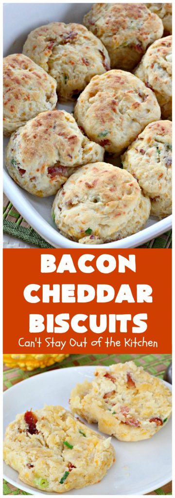 Bacon Cheddar Biscuits | Can't Stay Out of the Kitchen | absolutely the BEST #Biscuits ever! These are so mouthwatering you'll have a hard time not gorging yourself! Terrific for dinner or for a weekend or #holiday #breakfast. #Bacon #Chives #CheddarCheese #BaconCheddarBiscuits #BaconBiscuits #Pork #Easter #EasterSideDish #MothersDay #MothersDaySideDish #FathersDay #FathersDaySideDish
