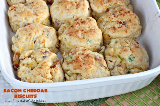 Bacon Cheddar Biscuits | Can't Stay Out of the Kitchen | absolutely the BEST #Biscuits ever! These are so mouthwatering you'll have a hard time not gorging yourself! Terrific for dinner or for a weekend or #holiday #breakfast. #Bacon #Chives #CheddarCheese #BaconCheddarBiscuits #BaconBiscuits #Pork #Easter #EasterSideDish #MothersDay #MothersDaySideDish #FathersDay #FathersDaySideDish