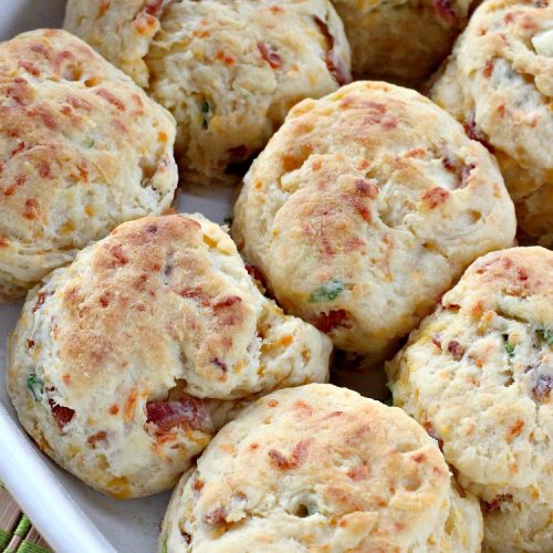 Bacon Cheddar Biscuits | Can't Stay Out of the Kitchen | absolutely the BEST #Biscuits ever! These are so mouthwatering you'll have a hard time not gorging yourself! Terrific for dinner or for a weekend or #holiday #breakfast. #Bacon #Chives #CheddarCheese #BaconCheddarBiscuits #BaconBiscuits #Pork #Easter #EasterSideDish #MothersDay #MothersDaySideDish #FathersDay #FathersDaySideDish