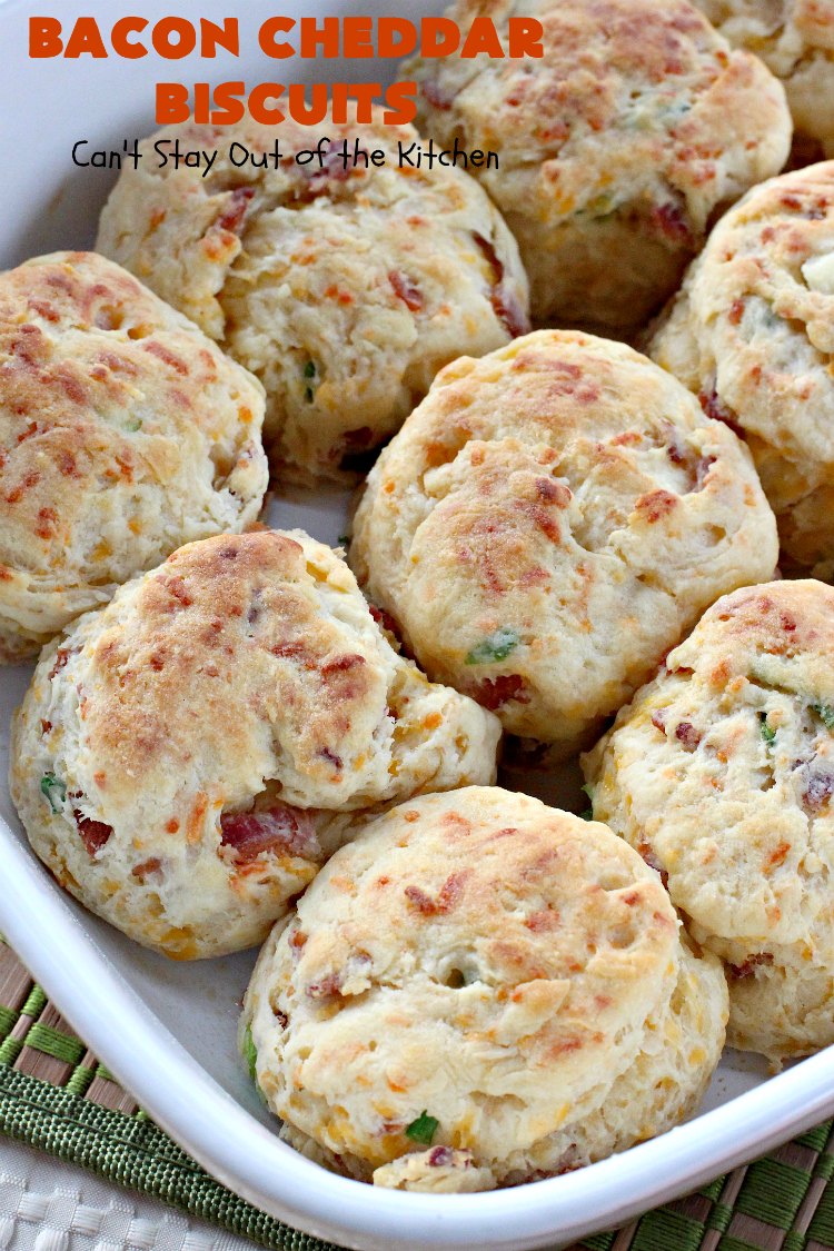 Bacon Cheddar Biscuits | Can't Stay Out of the Kitchen | absolutely the BEST #Biscuits ever! These are so mouthwatering you'll have a hard time not gorging yourself! Terrific for dinner or for a weekend or #holiday #breakfast. #Bacon #Chives #CheddarCheese #BaconCheddarBiscuits #BaconBiscuits #Pork #Easter #EasterSideDish #MothersDay #MothersDaySideDish #FathersDay #FathersDaySideDish