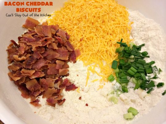 Bacon Cheddar Biscuits | Can't Stay Out of the Kitchen | absolutely the BEST #Biscuits ever! These are so mouthwatering you'll have a hard time not gorging yourself! Terrific for dinner or for a weekend or #holiday #breakfast. #Bacon #Chives #CheddarCheese #BaconCheddarBiscuits #BaconBiscuits #Pork #Easter #EasterSideDish #MothersDay #MothersDaySideDish #FathersDay #FathersDaySideDish