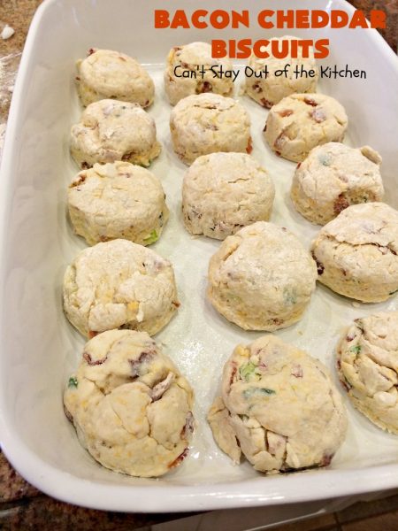 Bacon Cheddar Biscuits | Can't Stay Out of the Kitchen | absolutely the BEST #Biscuits ever! These are so mouthwatering you'll have a hard time not gorging yourself! Terrific for dinner or for a weekend or #holiday #breakfast. #Bacon #Chives #CheddarCheese #BaconCheddarBiscuits #BaconBiscuits #Pork #Easter #EasterSideDish #MothersDay #MothersDaySideDish #FathersDay #FathersDaySideDish