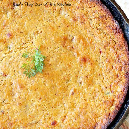 Bacon Cheddar Chili Cornbread | Can't Stay Out of the Kitchen | this #cornbread is absolutely spectacular! #bacon #cheddarcheese and #greenchilies make this so mouthwatering you'll be drooling from the first bite! #glutenfree