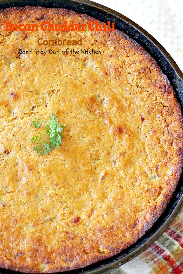 Bacon Cheddar Chili Cornbread | Can't Stay Out of the Kitchen | this #cornbread is absolutely spectacular! #bacon #cheddarcheese and #greenchilies make this so mouthwatering you'll be drooling from the first bite! #glutenfree
