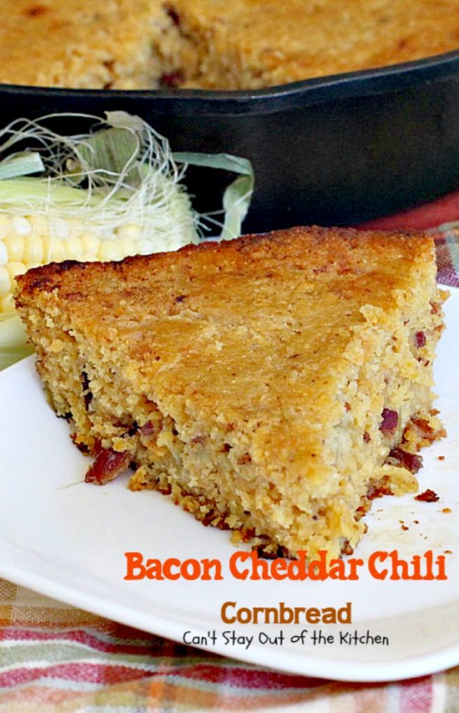 Bacon Cheddar Chili Cornbread | Can't Stay Out of the Kitchen | this #cornbread is absolutely spectacular! #bacon #cheddarcheese and #greenchilies make this so mouthwatering you'll be drooling from the first bite! #glutenfree