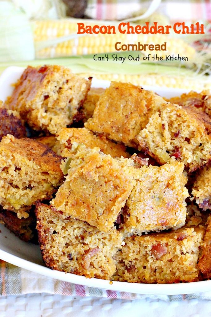 Bacon Cheddar Chili Cornbread | Can't Stay Out of the Kitchen | this #cornbread is absolutely spectacular! #bacon #cheddarcheese and #greenchilies make this so mouthwatering you'll be drooling from the first bite! #glutenfree