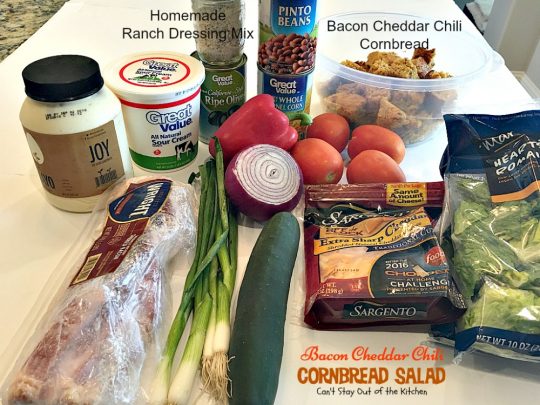Bacon Cheddar Chili Cornbread Salad | Can't Stay Out of the Kitchen | this awesome #salad is to die for! It has a savory homemade #bacon #cornbread & uses homemade #RanchDressing mix. This fabulous Texas-style salad is great for potlucks and backyard barbecues. #glutenfree