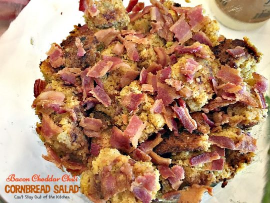 Bacon Cheddar Chili Cornbread Salad | Can't Stay Out of the Kitchen | this awesome #salad is to die for! It has a savory homemade #bacon #cornbread & uses homemade #RanchDressing mix. This fabulous Texas-style salad is great for potlucks and backyard barbecues. #glutenfree