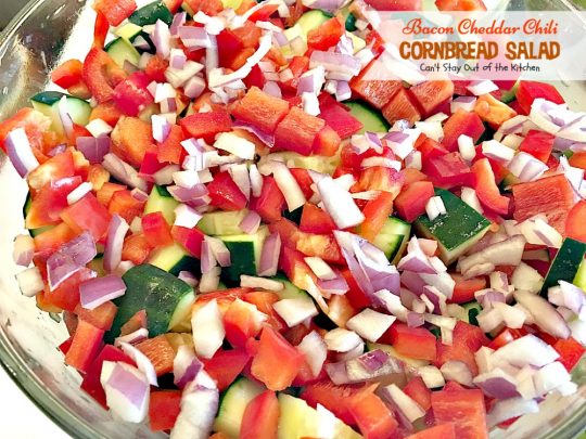 Bacon Cheddar Chili Cornbread Salad | Can't Stay Out of the Kitchen | this awesome #salad is to die for! It has a savory homemade #bacon #cornbread & uses homemade #RanchDressing mix. This fabulous Texas-style salad is great for potlucks and backyard barbecues. #glutenfree