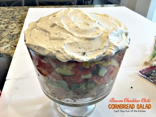 Bacon Cheddar Chili Cornbread Salad | Can't Stay Out of the Kitchen | this awesome #salad is to die for! It has a savory homemade #bacon #cornbread & uses homemade #RanchDressing mix. This fabulous Texas-style salad is great for potlucks and backyard barbecues. #glutenfree