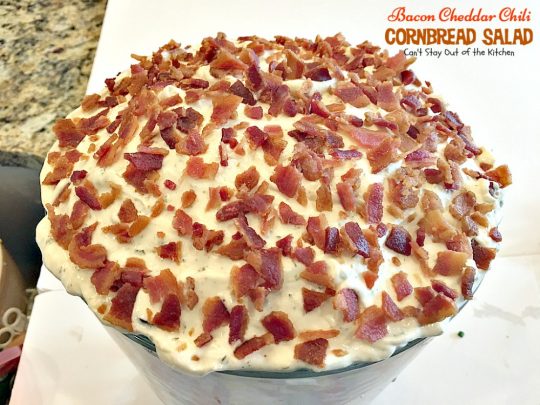 Bacon Cheddar Chili Cornbread Salad | Can't Stay Out of the Kitchen | this awesome #salad is to die for! It has a savory homemade #bacon #cornbread & uses homemade #RanchDressing mix. This fabulous Texas-style salad is great for potlucks and backyard barbecues. #glutenfree