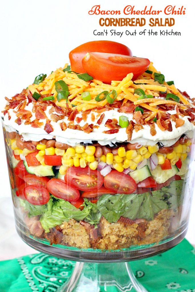 Bacon Cheddar Chili Cornbread Salad | Can't Stay Out of the Kitchen | this awesome #salad is to die for! It has a savory homemade #bacon #cornbread & uses homemade #RanchDressing mix. This fabulous Texas-style salad is great for potlucks and backyard barbecues. #glutenfree