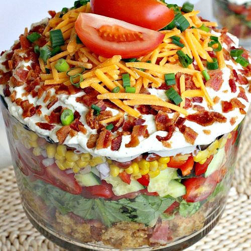 Bacon Cheddar Chili Cornbread Salad | Can't Stay Out of the Kitchen | this awesome #salad is to die for! It has a savory homemade #bacon #cornbread & uses homemade #RanchDressing mix. This fabulous Texas-style salad is great for potlucks and backyard barbecues. #glutenfree