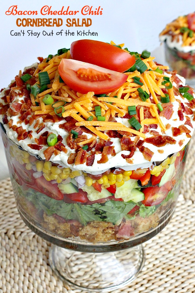 Bacon Cheddar Chili Cornbread Salad | Can't Stay Out of the Kitchen | this awesome #salad is to die for! It has a savory homemade #bacon #cornbread & uses homemade #RanchDressing mix. This fabulous Texas-style salad is great for potlucks and backyard barbecues. #glutenfree