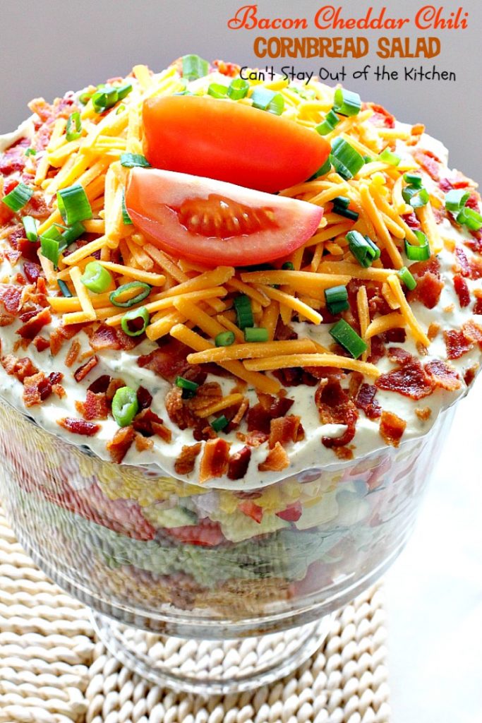 Bacon Cheddar Chili Cornbread Salad | Can't Stay Out of the Kitchen | this awesome #salad is to die for! It has a savory homemade #bacon #cornbread & uses homemade #RanchDressing mix. This fabulous Texas-style salad is great for potlucks and backyard barbecues. #glutenfree