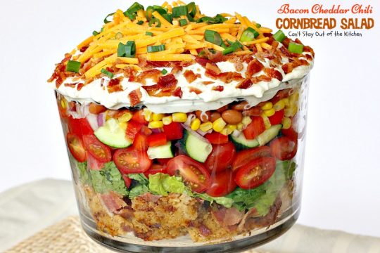 Bacon Cheddar Chili Cornbread Salad | Can't Stay Out of the Kitchen | this awesome #salad is to die for! It has a savory homemade #bacon #cornbread & uses homemade #RanchDressing mix. This fabulous Texas-style salad is great for potlucks and backyard barbecues. #glutenfree