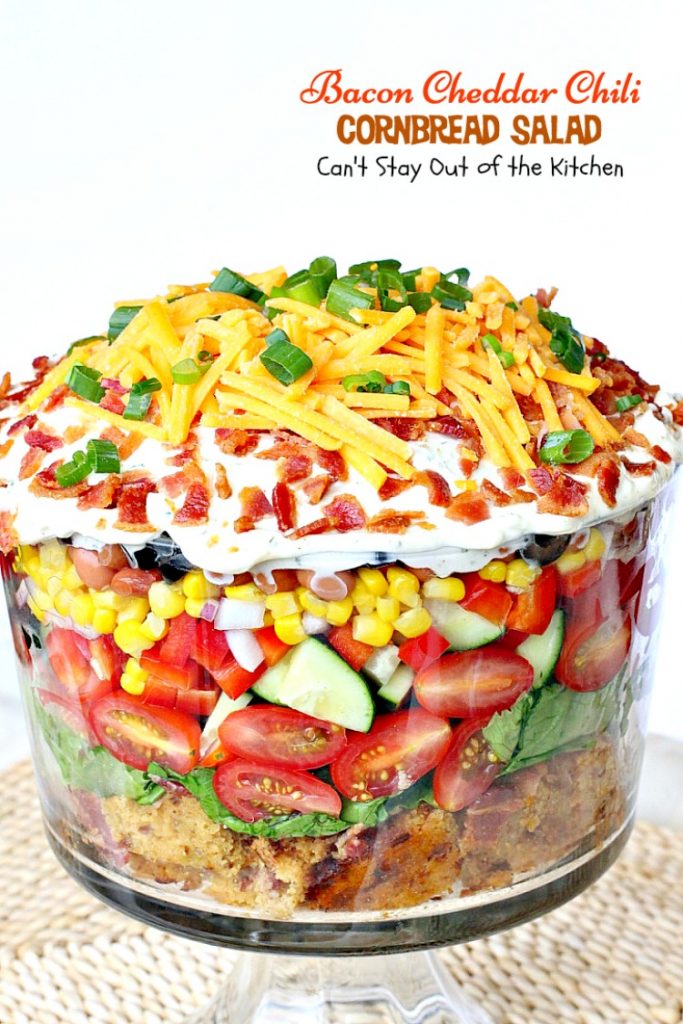 Bacon Cheddar Chili Cornbread Salad | Can't Stay Out of the Kitchen | this awesome #salad is to die for! It has a savory homemade #bacon #cornbread & uses homemade #RanchDressing mix. This fabulous Texas-style salad is great for potlucks and backyard barbecues. #glutenfree