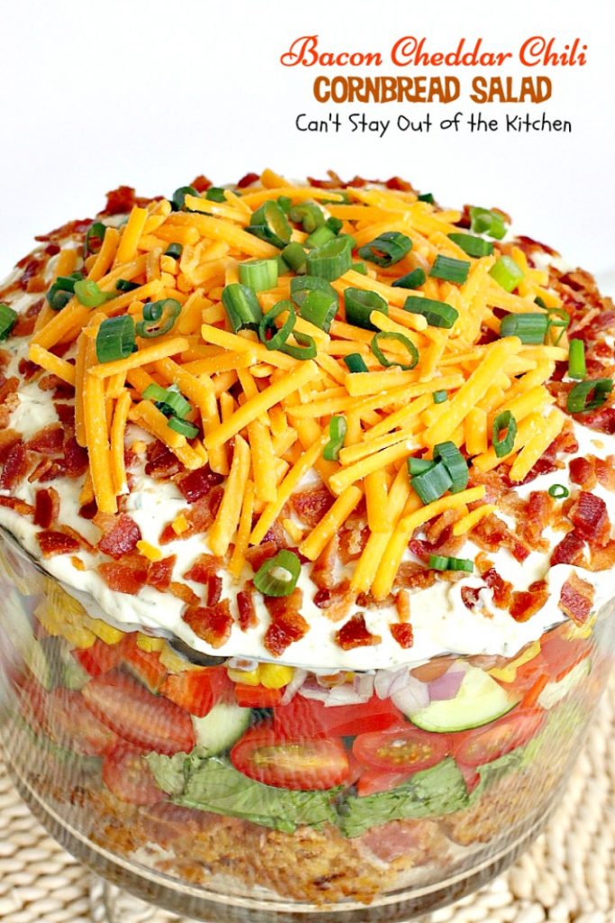 Bacon Cheddar Chili Cornbread Salad | Can't Stay Out of the Kitchen | this awesome #salad is to die for! It has a savory homemade #bacon #cornbread & uses homemade #RanchDressing mix. This fabulous Texas-style salad is great for potlucks and backyard barbecues. #glutenfree