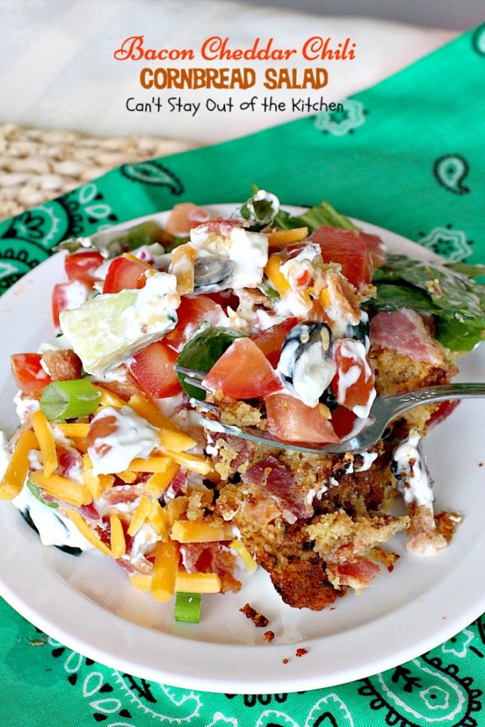 Bacon Cheddar Chili Cornbread Salad | Can't Stay Out of the Kitchen | this awesome #salad is to die for! It has a savory homemade #bacon #cornbread & uses homemade #RanchDressing mix. This fabulous Texas-style salad is great for potlucks and backyard barbecues. #glutenfree