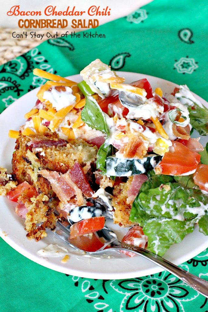 Bacon Cheddar Chili Cornbread Salad | Can't Stay Out of the Kitchen | this awesome #salad is to die for! It has a savory homemade #bacon #cornbread & uses homemade #RanchDressing mix. This fabulous Texas-style salad is great for potlucks and backyard barbecues. #glutenfree