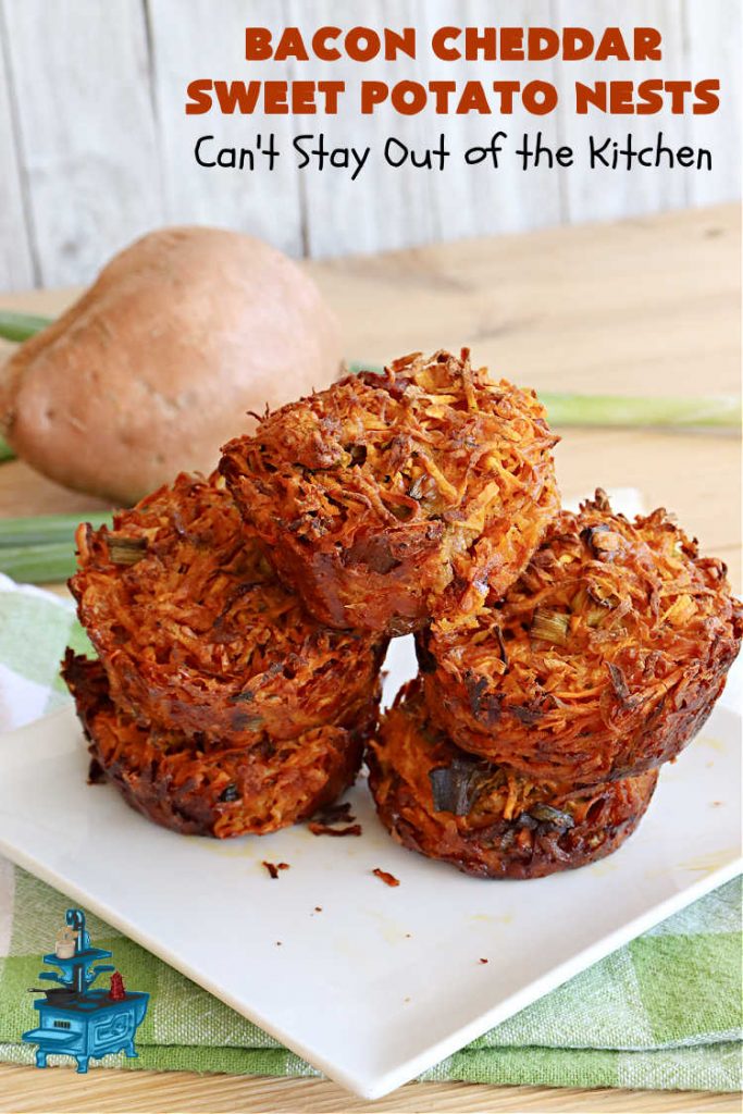 Bacon Cheddar Sweet Potato Nests | Can't Stay Out of the Kitchen | this is a fantastic #SideDish for #breakfast or dinner menus. These include #bacon, both #Cheddar & #ParmesanCheese & #GreenOnions. Marvelous for #Thanksgiving, #Christmas or #NewYearsDay breakfast. #pork #SweetPotatoes #BaconCheddarSweetPotatoNests