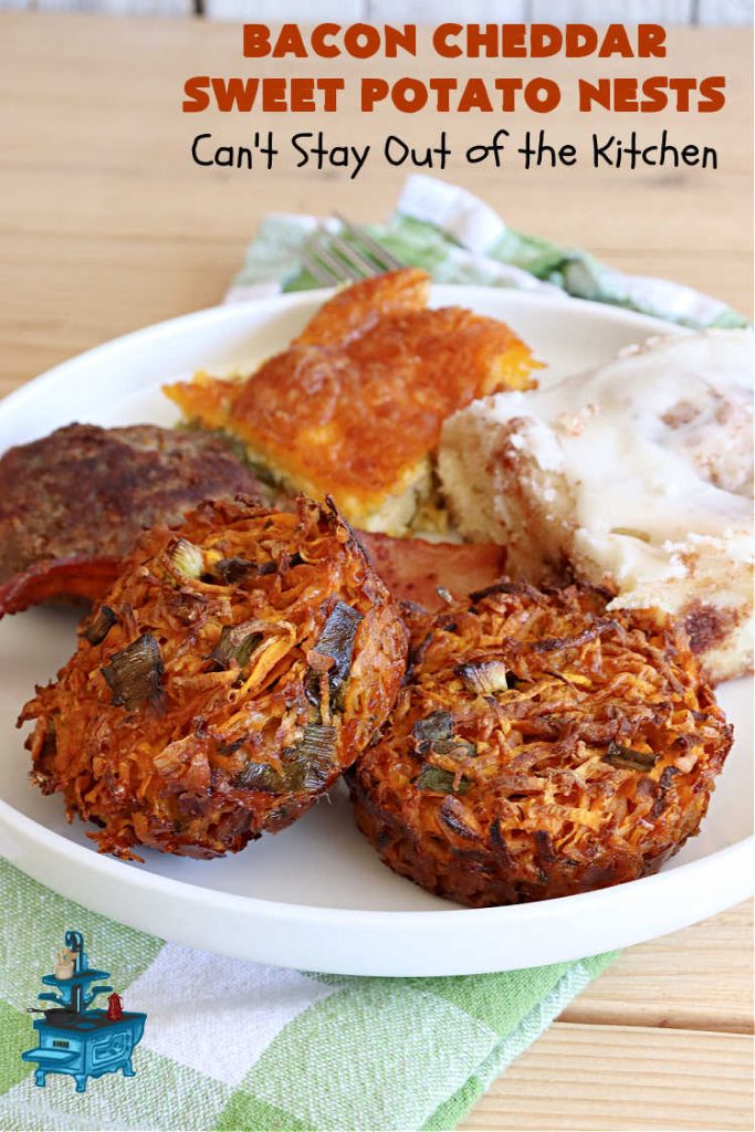 Bacon Cheddar Sweet Potato Nests | Can't Stay Out of the Kitchen | this is a fantastic #SideDish for #breakfast or dinner menus. These include #bacon, both #Cheddar & #ParmesanCheese & #GreenOnions. Marvelous for #Thanksgiving, #Christmas or #NewYearsDay breakfast. #pork #SweetPotatoes #BaconCheddarSweetPotatoNests