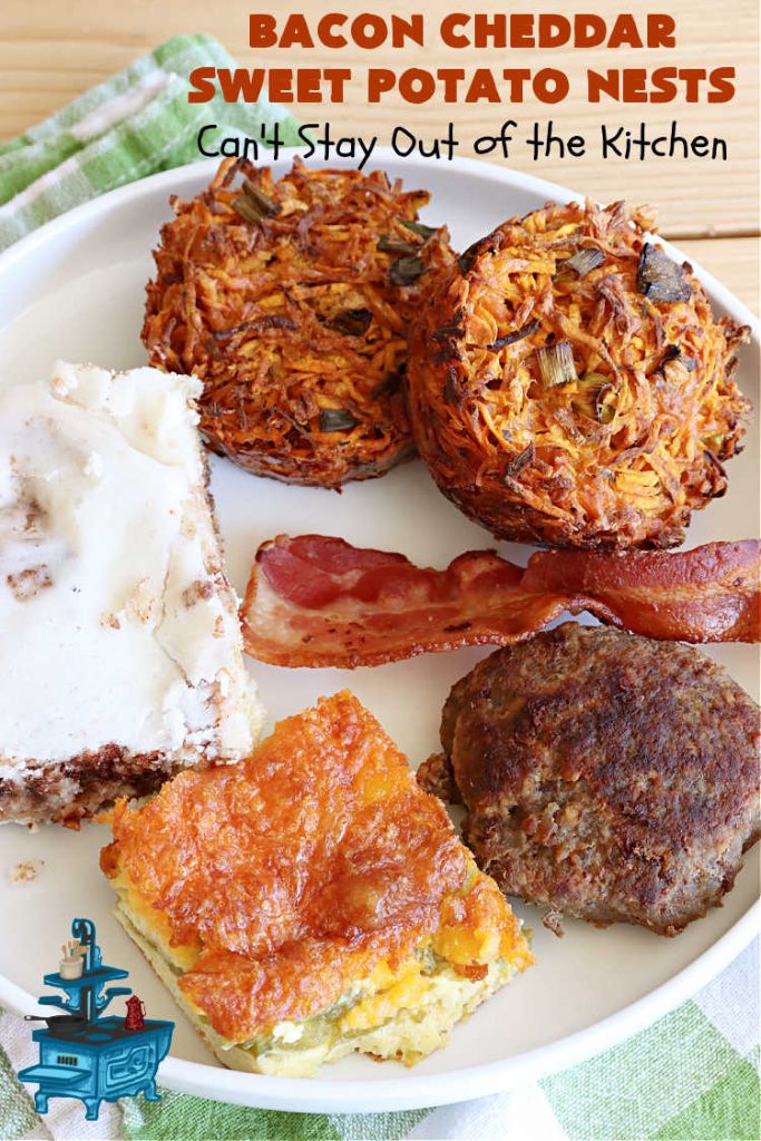 Bacon Cheddar Sweet Potato Nests | Can't Stay Out of the Kitchen | this is a fantastic #SideDish for #breakfast or dinner menus. These include #bacon, both #Cheddar & #ParmesanCheese & #GreenOnions. Marvelous for #Thanksgiving, #Christmas or #NewYearsDay breakfast. #pork #SweetPotatoes #BaconCheddarSweetPotatoNests