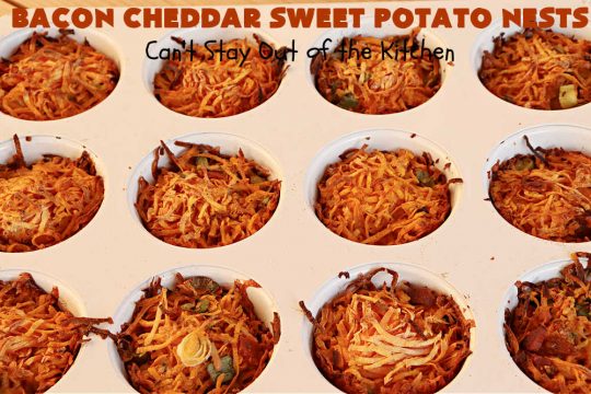 Bacon Cheddar Sweet Potato Nests | Can't Stay Out of the Kitchen | this is a fantastic #SideDish for #breakfast or dinner menus. These include #bacon, both #Cheddar & #ParmesanCheese & #GreenOnions. Marvelous for #Thanksgiving, #Christmas or #NewYearsDay breakfast. #pork #SweetPotatoes #BaconCheddarSweetPotatoNests