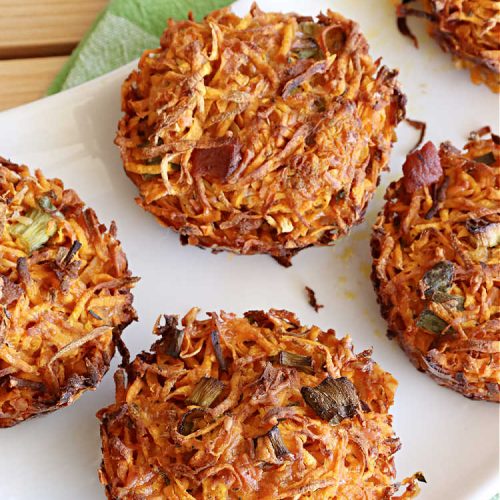 Bacon Cheddar Sweet Potato Nests | Can't Stay Out of the Kitchen | this is a fantastic #SideDish for #breakfast or dinner menus. These include #bacon, both #Cheddar & #ParmesanCheese & #GreenOnions. Marvelous for #Thanksgiving, #Christmas or #NewYearsDay breakfast. #pork #SweetPotatoes #BaconCheddarSweetPotatoNests