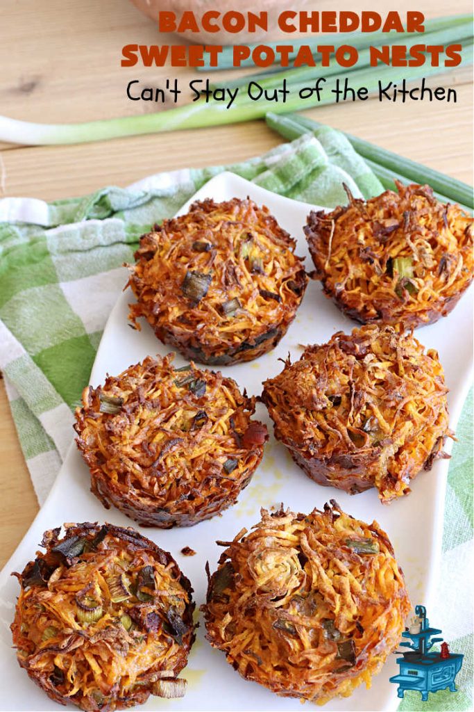 Bacon Cheddar Sweet Potato Nests | Can't Stay Out of the Kitchen | this is a fantastic #SideDish for #breakfast or dinner menus. These include #bacon, both #Cheddar & #ParmesanCheese & #GreenOnions. Marvelous for #Thanksgiving, #Christmas or #NewYearsDay breakfast. #pork #SweetPotatoes #BaconCheddarSweetPotatoNests