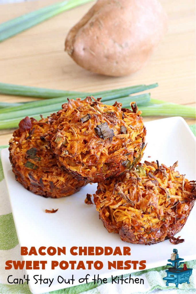 Bacon Cheddar Sweet Potato Nests | Can't Stay Out of the Kitchen | this is a fantastic #SideDish for #breakfast or dinner menus. These include #bacon, both #Cheddar & #ParmesanCheese & #GreenOnions. Marvelous for #Thanksgiving, #Christmas or #NewYearsDay breakfast. #pork #SweetPotatoes #BaconCheddarSweetPotatoNestsBacon Cheddar Sweet Potato Nests | Can't Stay Out of the Kitchen | this is a fantastic #SideDish for #breakfast or dinner menus. These include #bacon, both #Cheddar & #ParmesanCheese & #GreenOnions. Marvelous for #Thanksgiving, #Christmas or #NewYearsDay breakfast. #pork #SweetPotatoes #BaconCheddarSweetPotatoNests