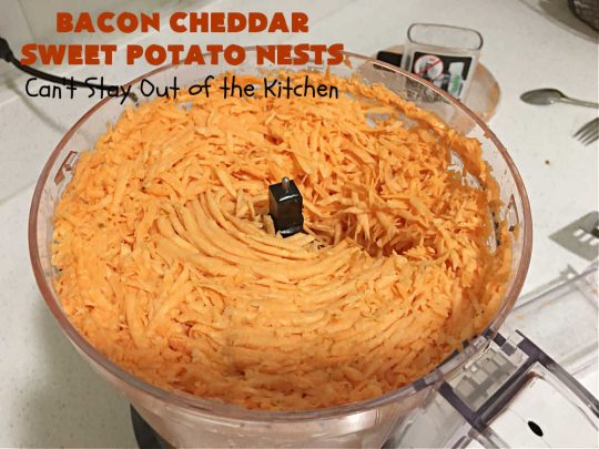 Bacon Cheddar Sweet Potato Nests | Can't Stay Out of the Kitchen | this is a fantastic #SideDish for #breakfast or dinner menus. These include #bacon, both #Cheddar & #ParmesanCheese & #GreenOnions. Marvelous for #Thanksgiving, #Christmas or #NewYearsDay breakfast. #pork #SweetPotatoes #BaconCheddarSweetPotatoNests