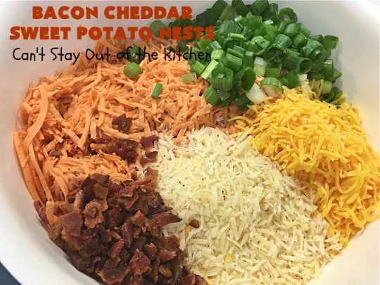 Bacon Cheddar Sweet Potato Nests | Can't Stay Out of the Kitchen | this is a fantastic #SideDish for #breakfast or dinner menus. These include #bacon, both #Cheddar & #ParmesanCheese & #GreenOnions. Marvelous for #Thanksgiving, #Christmas or #NewYearsDay breakfast. #pork #SweetPotatoes #BaconCheddarSweetPotatoNests