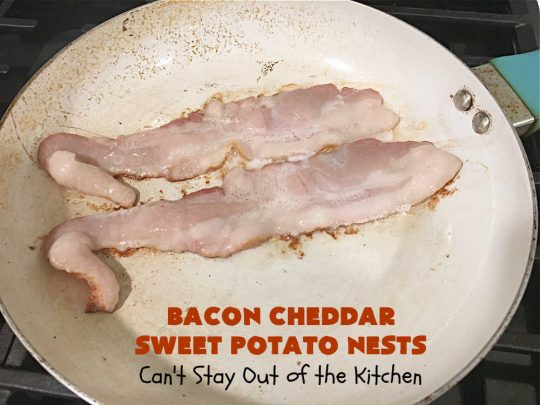 Bacon Cheddar Sweet Potato Nests | Can't Stay Out of the Kitchen | this is a fantastic #SideDish for #breakfast or dinner menus. These include #bacon, both #Cheddar & #ParmesanCheese & #GreenOnions. Marvelous for #Thanksgiving, #Christmas or #NewYearsDay breakfast. #pork #SweetPotatoes #BaconCheddarSweetPotatoNests