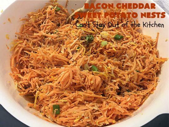 Bacon Cheddar Sweet Potato Nests | Can't Stay Out of the Kitchen | this is a fantastic #SideDish for #breakfast or dinner menus. These include #bacon, both #Cheddar & #ParmesanCheese & #GreenOnions. Marvelous for #Thanksgiving, #Christmas or #NewYearsDay breakfast. #pork #SweetPotatoes #BaconCheddarSweetPotatoNestsBacon Cheddar Sweet Potato Nests | Can't Stay Out of the Kitchen | this is a fantastic #SideDish for #breakfast or dinner menus. These include #bacon, both #Cheddar & #ParmesanCheese & #GreenOnions. Marvelous for #Thanksgiving, #Christmas or #NewYearsDay breakfast. #pork #SweetPotatoes #BaconCheddarSweetPotatoNests