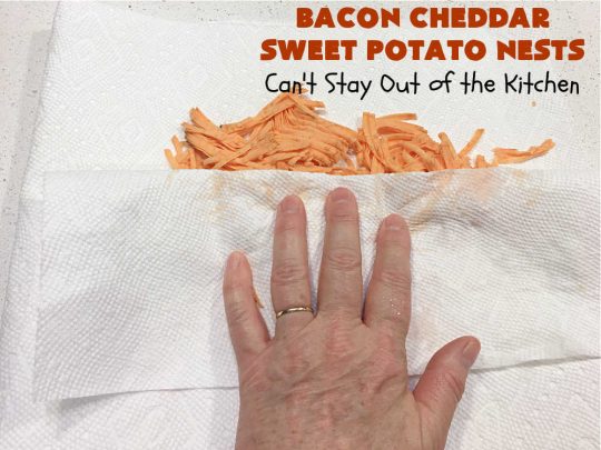Bacon Cheddar Sweet Potato Nests | Can't Stay Out of the Kitchen | this is a fantastic #SideDish for #breakfast or dinner menus. These include #bacon, both #Cheddar & #ParmesanCheese & #GreenOnions. Marvelous for #Thanksgiving, #Christmas or #NewYearsDay breakfast. #pork #SweetPotatoes #BaconCheddarSweetPotatoNests