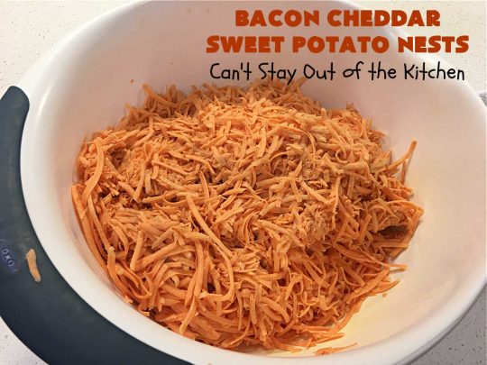 Bacon Cheddar Sweet Potato Nests | Can't Stay Out of the Kitchen | this is a fantastic #SideDish for #breakfast or dinner menus. These include #bacon, both #Cheddar & #ParmesanCheese & #GreenOnions. Marvelous for #Thanksgiving, #Christmas or #NewYearsDay breakfast. #pork #SweetPotatoes #BaconCheddarSweetPotatoNests