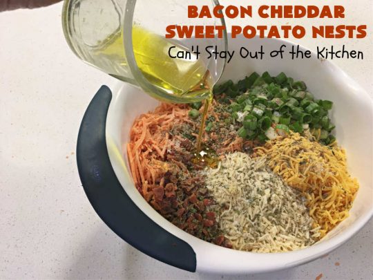 Bacon Cheddar Sweet Potato Nests | Can't Stay Out of the Kitchen | this is a fantastic #SideDish for #breakfast or dinner menus. These include #bacon, both #Cheddar & #ParmesanCheese & #GreenOnions. Marvelous for #Thanksgiving, #Christmas or #NewYearsDay breakfast. #pork #SweetPotatoes #BaconCheddarSweetPotatoNests