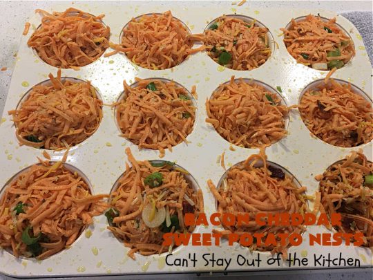 Bacon Cheddar Sweet Potato Nests | Can't Stay Out of the Kitchen | this is a fantastic #SideDish for #breakfast or dinner menus. These include #bacon, both #Cheddar & #ParmesanCheese & #GreenOnions. Marvelous for #Thanksgiving, #Christmas or #NewYearsDay breakfast. #pork #SweetPotatoes #BaconCheddarSweetPotatoNests