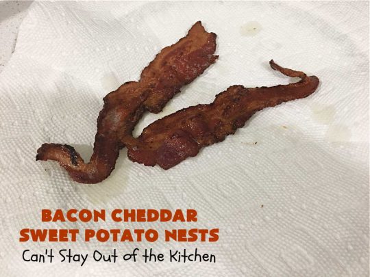 Bacon Cheddar Sweet Potato Nests | Can't Stay Out of the Kitchen | this is a fantastic #SideDish for #breakfast or dinner menus. These include #bacon, both #Cheddar & #ParmesanCheese & #GreenOnions. Marvelous for #Thanksgiving, #Christmas or #NewYearsDay breakfast. #pork #SweetPotatoes #BaconCheddarSweetPotatoNests