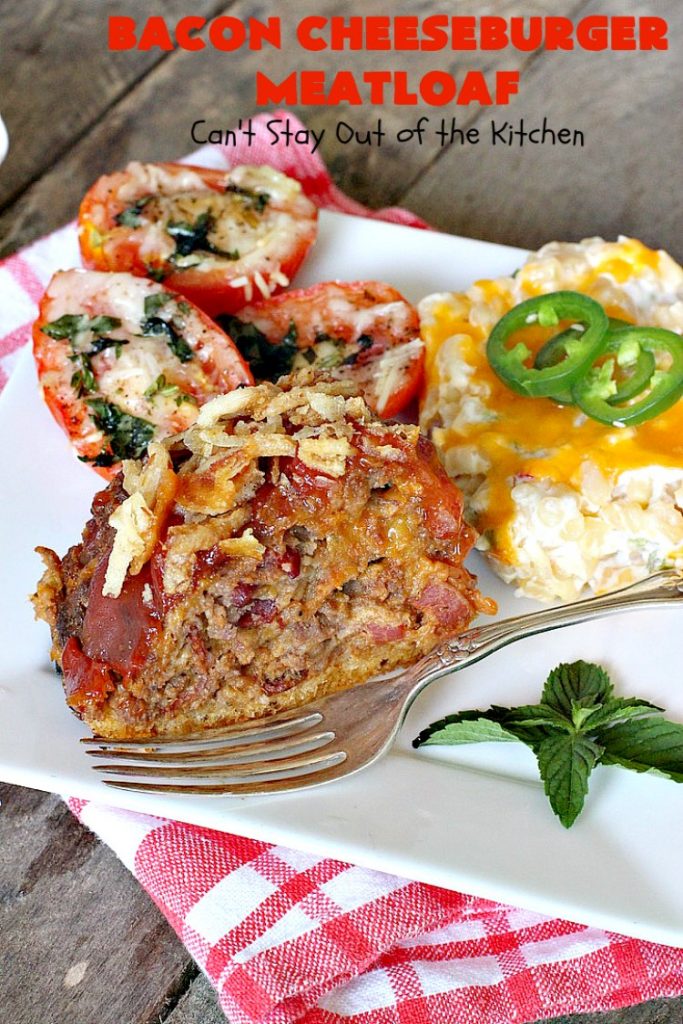Bacon Cheeseburger Meatloaf | Can't Stay Out of the Kitchen | this awesome #PaulaDeen #meatloaf is incredible. It tastes like eating #bacon #cheeseburgers with #FrenchFriedOnions on top. Our company loved this meatloaf. #beef