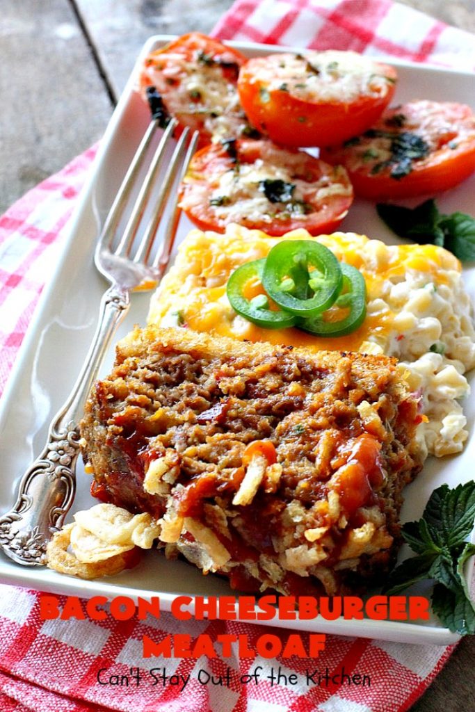 Bacon Cheeseburger Meatloaf | Can't Stay Out of the Kitchen | this awesome #PaulaDeen #meatloaf is incredible. It tastes like eating #bacon #cheeseburgers with #FrenchFriedOnions on top. Our company loved this meatloaf. #beef