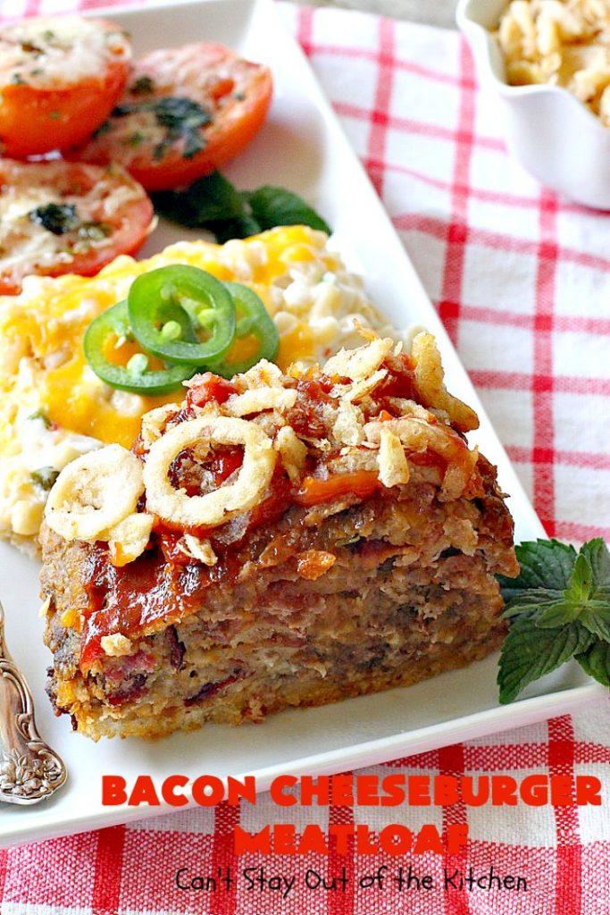 Bacon Cheeseburger Meatloaf | Can't Stay Out of the Kitchen | this awesome #PaulaDeen #meatloaf is incredible. It tastes like eating #bacon #cheeseburgers with #FrenchFriedOnions on top. Our company loved this meatloaf. #beef