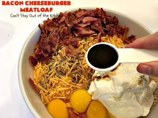 Bacon Cheeseburger Meatloaf | Can't Stay Out of the Kitchen | this awesome #PaulaDeen #meatloaf is incredible. It tastes like eating #bacon #cheeseburgers with #FrenchFriedOnions on top. Our company loved this meatloaf. #beef