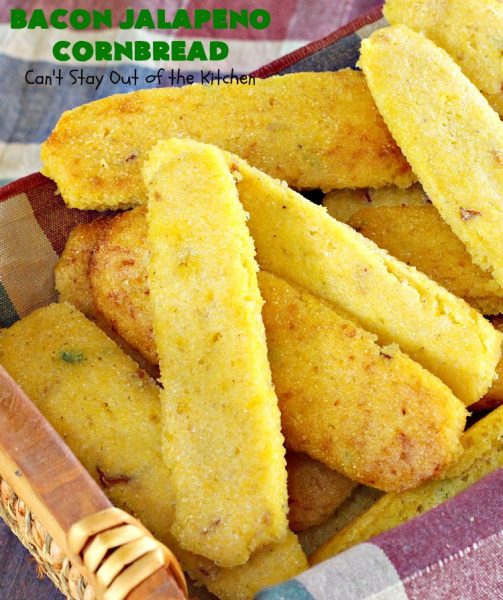 Bacon Jalapeno Cornbread | Can't Stay Out of the Kitchen | these  #CornPones are absolutely delicious. They're made with #GreekYogurt & #GlutenFree flour. They also use #bacon, #jalapenos & #Gruyere #cheese. Great side for #FathersDay or any #TexMex meal. #cornbread #BaconJalapenoCornbread